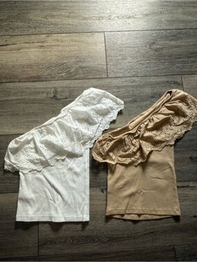 Old Navy White and Beige Eyelet Ruffle One-Shoulder Tank Tops